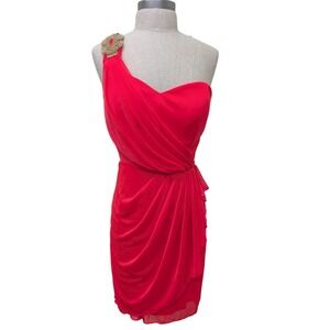 Cache Women Coral Pink One Shoulder Rhinestone Ruched Cocktail Dress Size 10